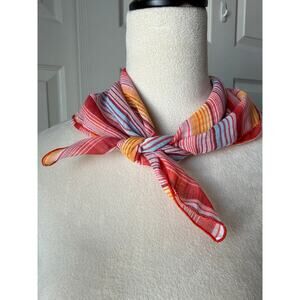 Vintage 1980s Sheer Stripe Scarf Red Yellow Blue Square Cottage Retro Coastal